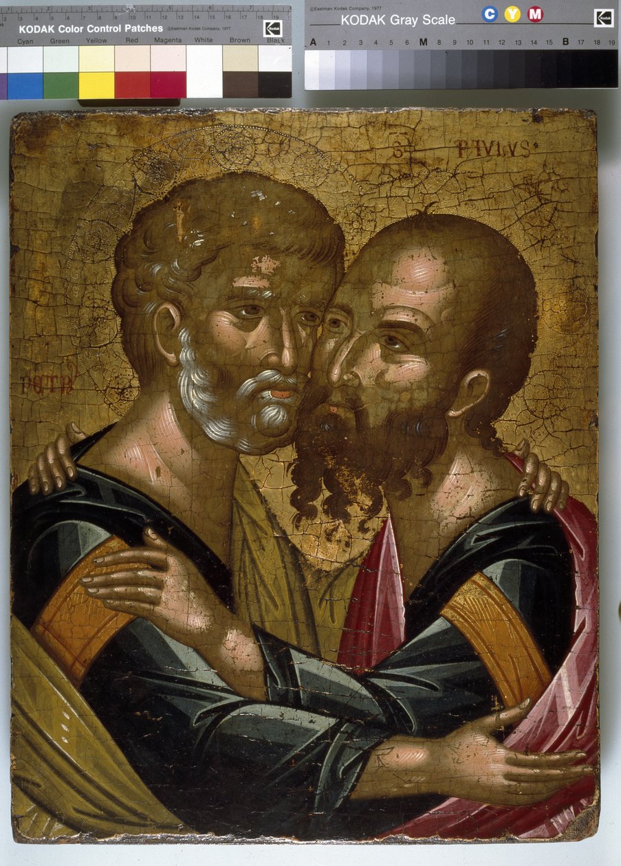 Ikona Uścisku Apostołów Piotra i Pawła (olej na płótnie na desce) autorstwa Angelos Akotantos