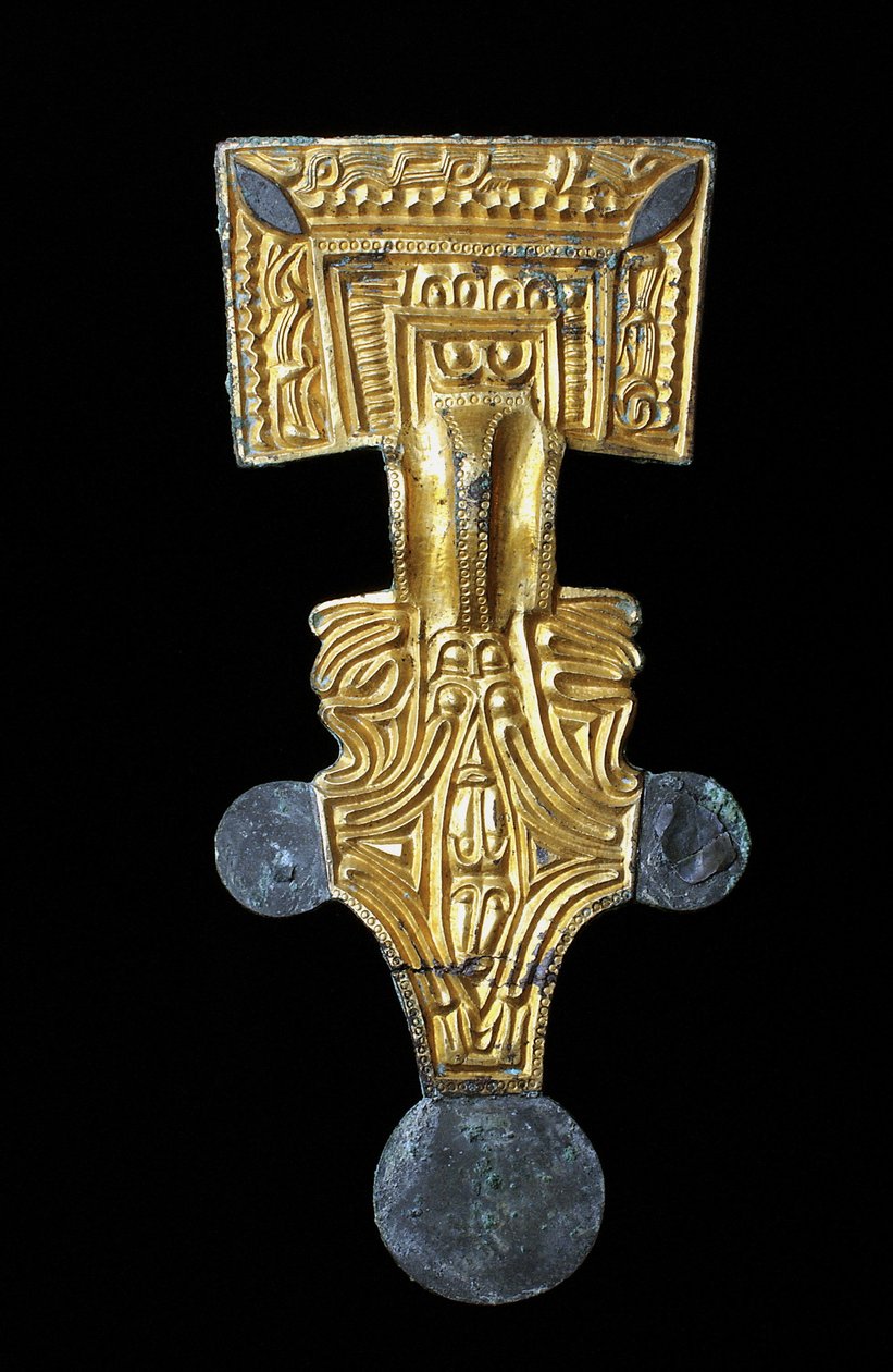 Długa broszka z kwadratową główką z pozłacanego brązu (stop miedzi, złoto, złocenie) autorstwa Anglo Saxon