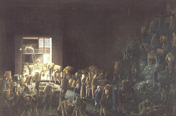 Napełnianie skrzynek na herbatę; i produkcja herbaty w pierwszym procesie, ok.1820 (jedna z pary) ok.1820 autorstwa Anglo Chinese School