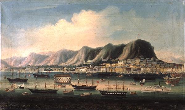 Widok na Hongkong, z więziennym Hulk i Paddlesteamer w porcie (olej na płótnie) autorstwa Anglo Chinese School