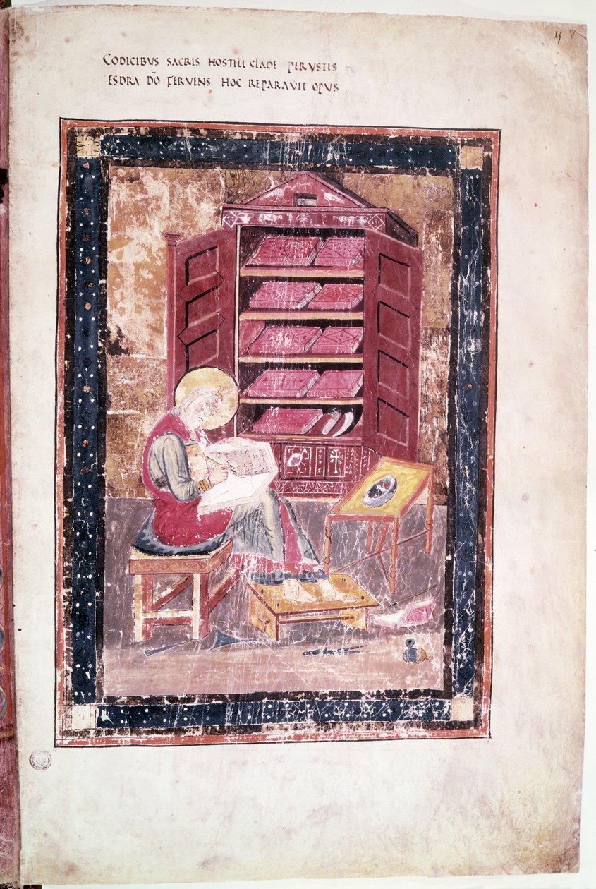 Ms 1 f.vr Ezra pisząca święte księgi z pamięci w 458 pne, z Codex Amiatinus autorstwa Anglo Saxon