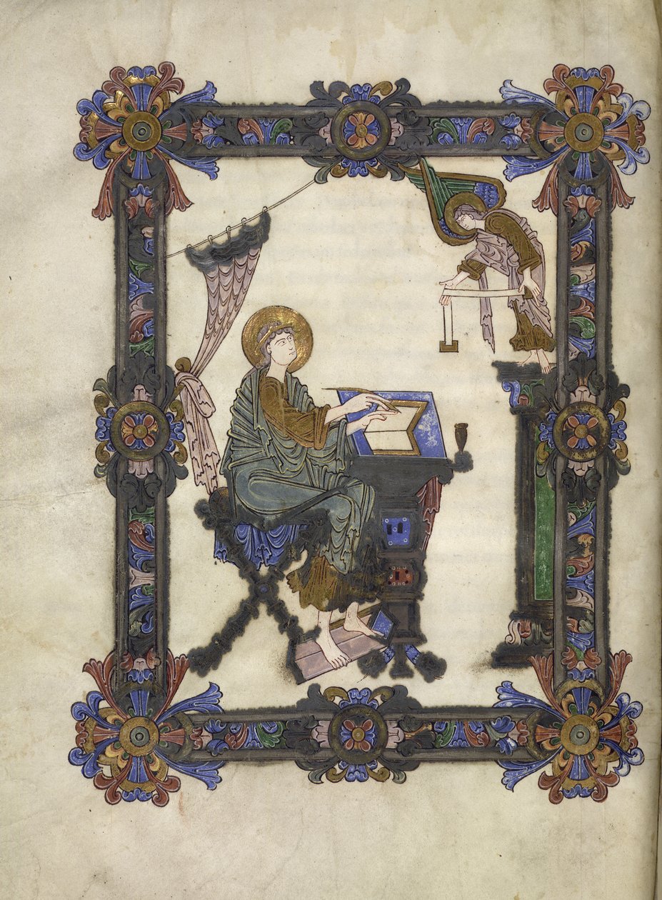 Dodaj 34890 f.10v St. Matthew, Winchester School, c.1020 (welum) autorstwa Anglo Saxon