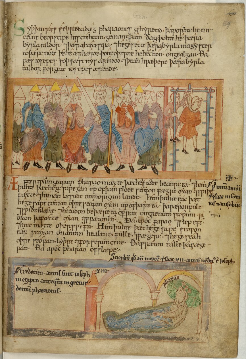 Cotton Claudius B. IV, f.59 Faraon każe powiesić głównego piekarza, welin autorstwa Anglo Saxon