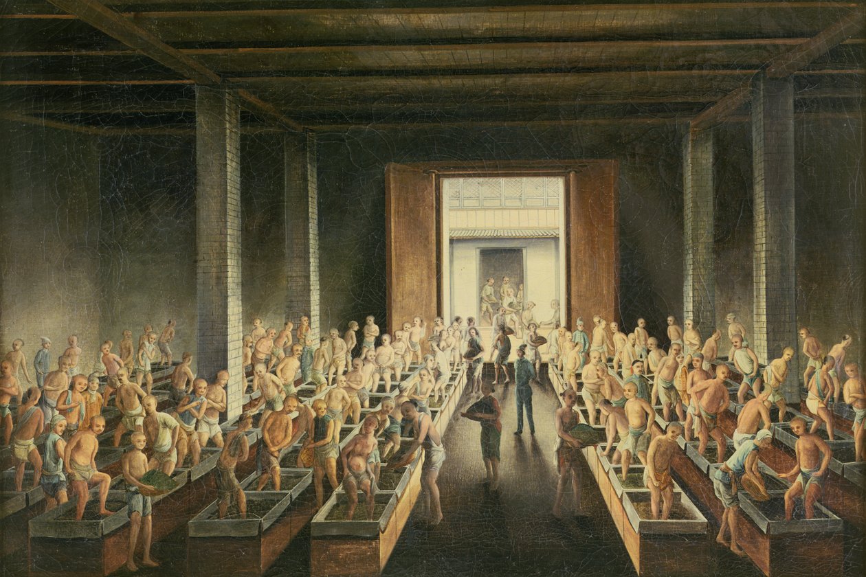 Napełnianie skrzynek na herbatę; i produkcja herbaty w pierwszym procesie, ok. 1820 r autorstwa Anglo Chinese School