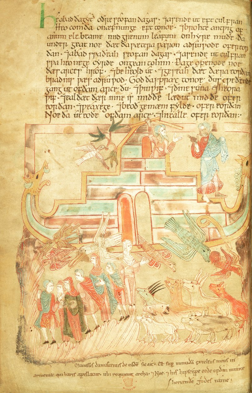 Cott Claud B IV f.15v Noe i rodzina opuszczająca Arkę, z Pięcioksiąg Aelfryka, z St. Augustine