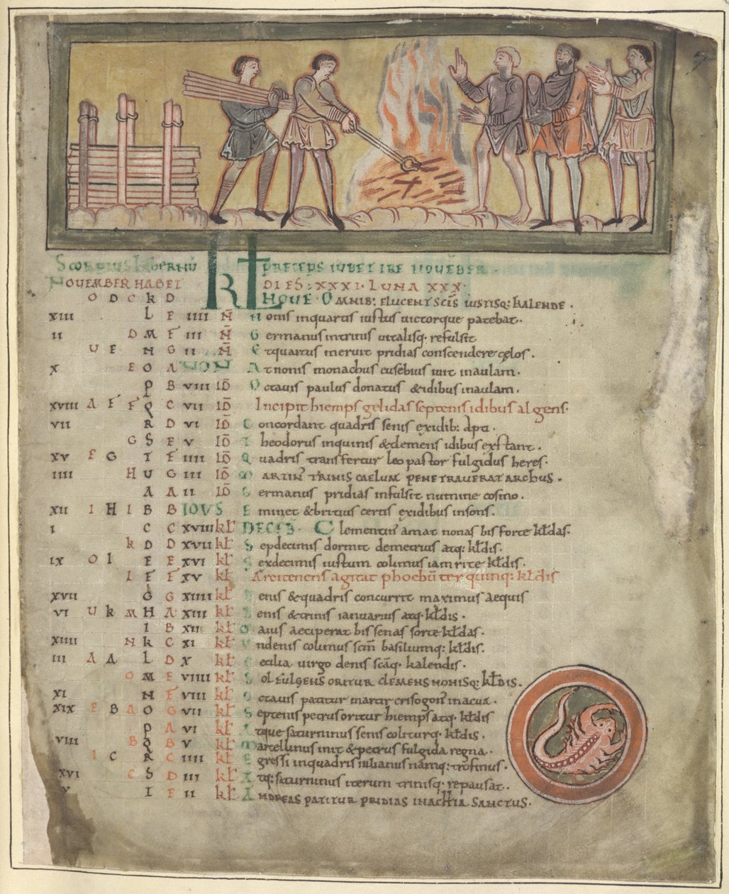 Cotton Tiberius B.V. Część 1 f.8 Ocieplenie i kowalstwo, listopad z kalendarza, Winchester (?) druga ćw. XI w. (welum) autorstwa Anglo Saxon