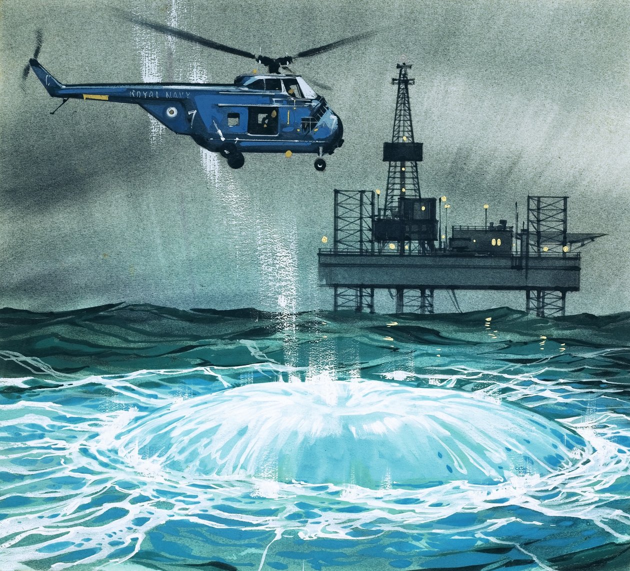 Helikopter zbliża się do platformy wiertniczej autorstwa Angus McBride