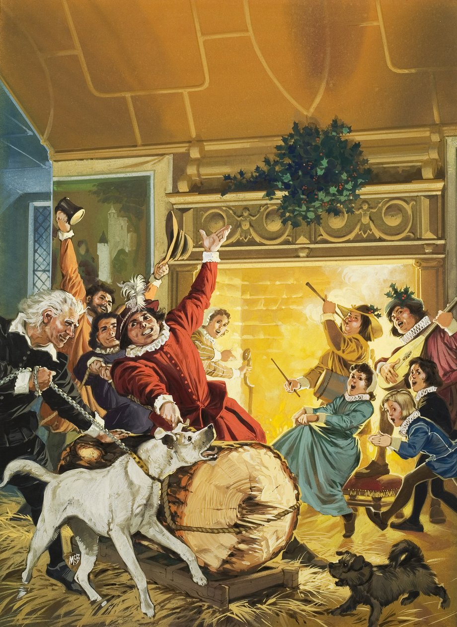 Przynoszenie kłody Yule (gwasz na papierze) autorstwa Angus McBride
