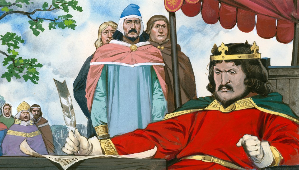 Król Jan niechętnie podpisuje Magna Carta autorstwa Angus McBride