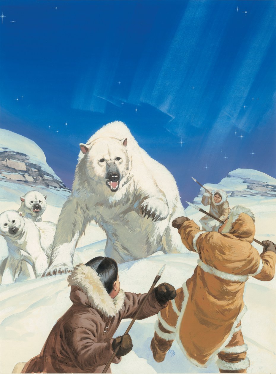 Niedźwiedzie polarne i Eskimosi (gwasz na papierze) autorstwa Angus McBride