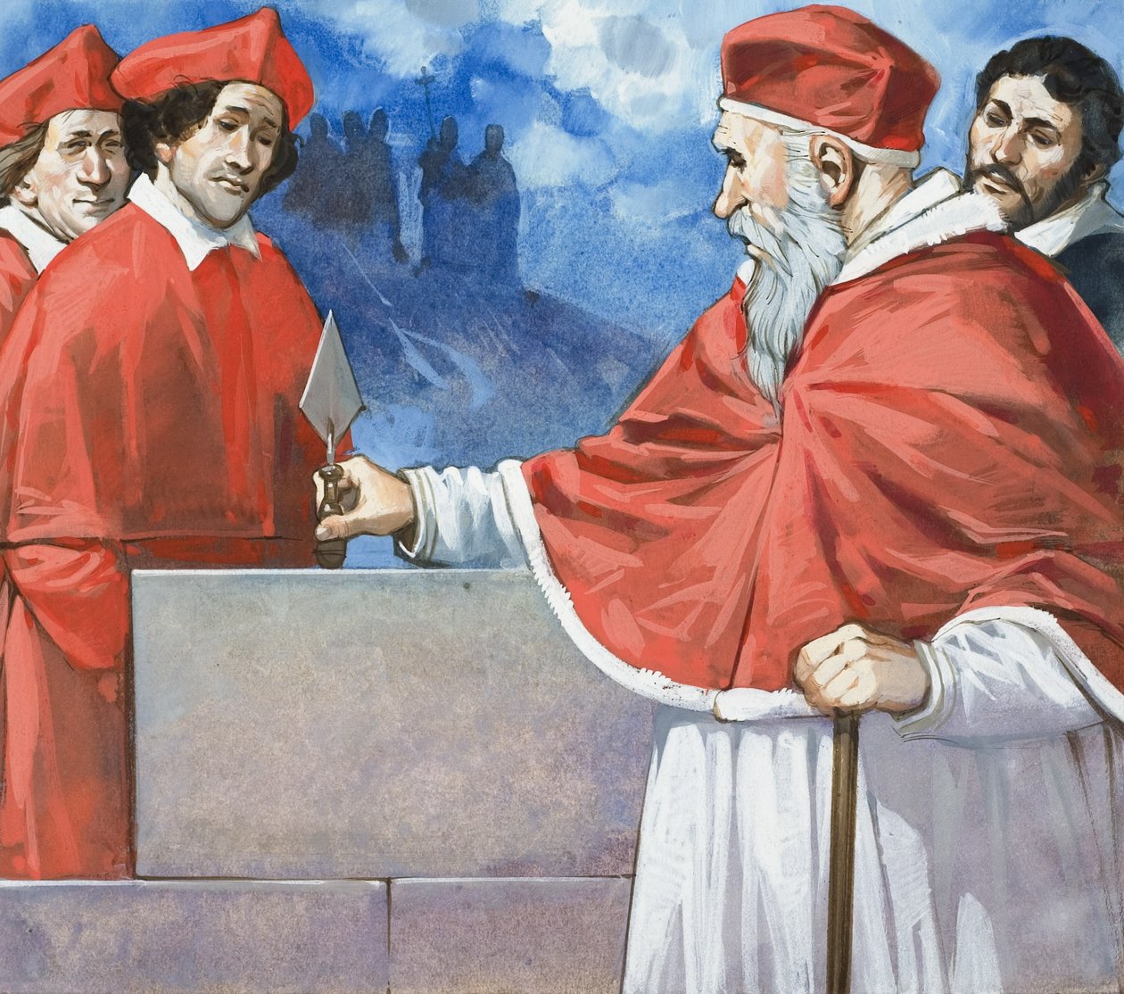 Papież Juliusz II (1443-1513) kładący kamień węgielny pod budowę Bazyliki Świętego Piotra w 1506 roku (gwasz na papierze) autorstwa Angus McBride