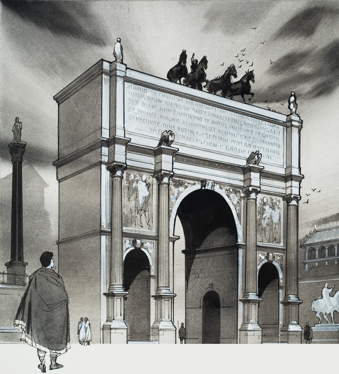 Łuk triumfalny cesarza Lucjusza Septymiusza Sewera, Rzym (gwasz na papierze) autorstwa Angus McBride