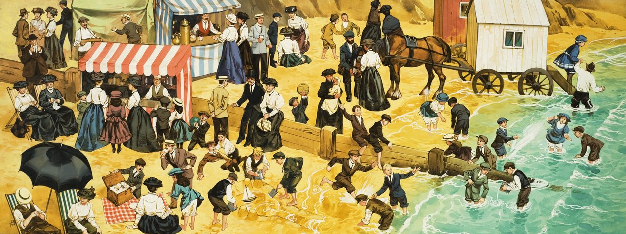 Wiktoriańska lub edwardiańska scena na plaży autorstwa Angus McBride