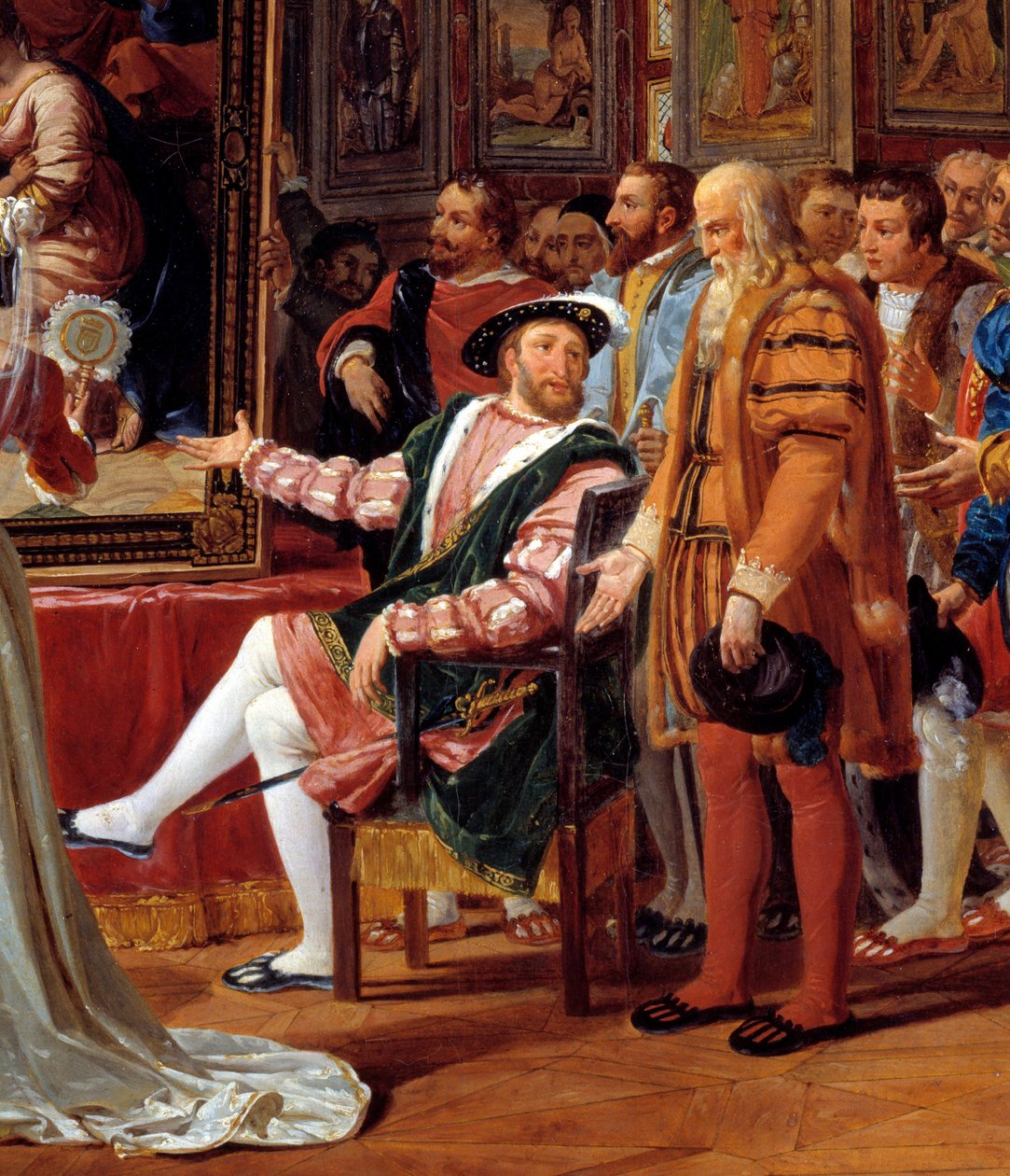 Szczegół obrazu: Wiek Francois I: Francois I król Francji otrzymuje w Fontainebleau obraz Świętej Rodziny, wysłany z Rzymu przez Rafaela (włoski malarz Raffaello sanzio) w hołdzie dla jego wdzięczności. Leonard de Vinci (Leonar autorstwa Anicet Charles Gabriel Lemonnier