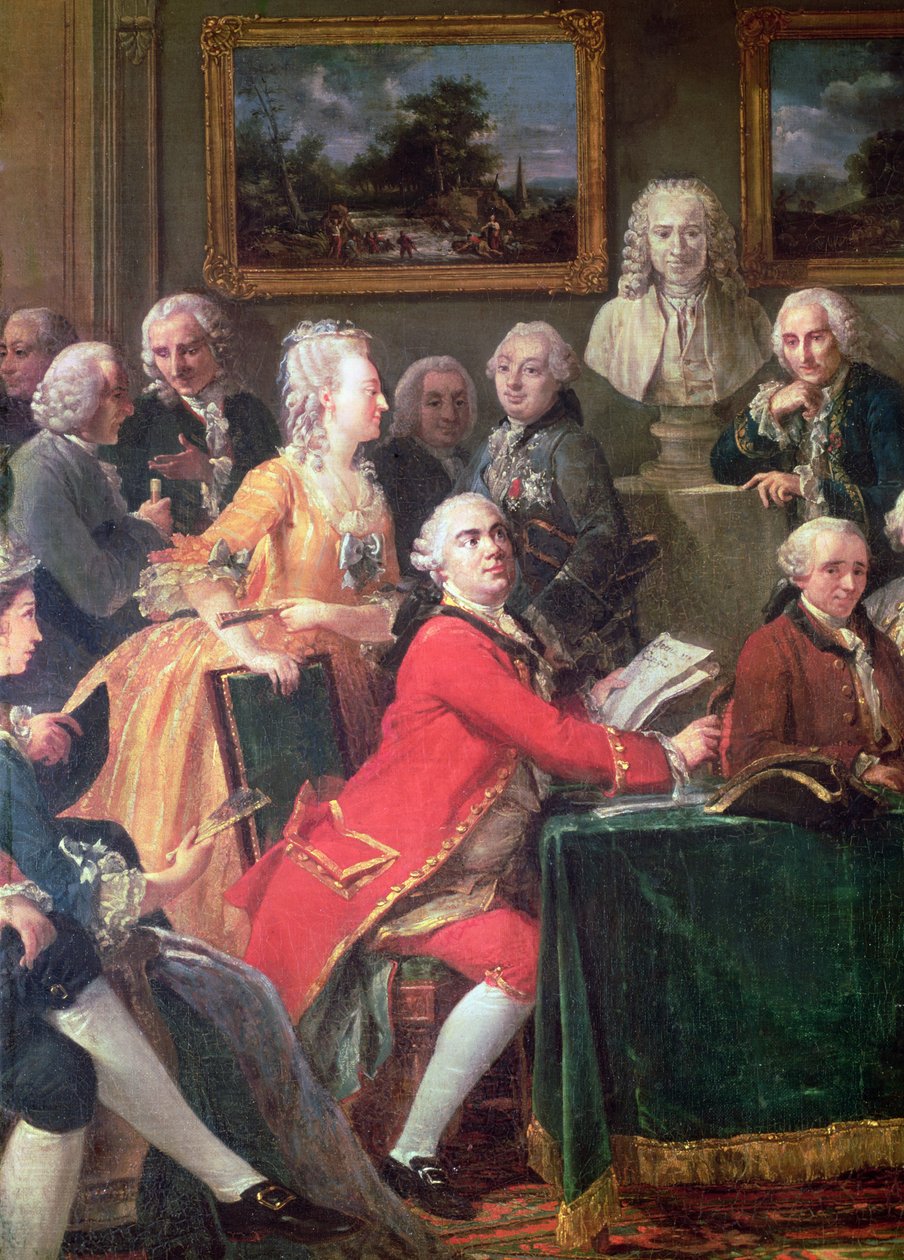 Wieczór w domu Madame Geoffrin fragment Lekaina i Mademoiselle Clairon, 1755 olej na płótnie autorstwa Anicet Charles Lemonnier
