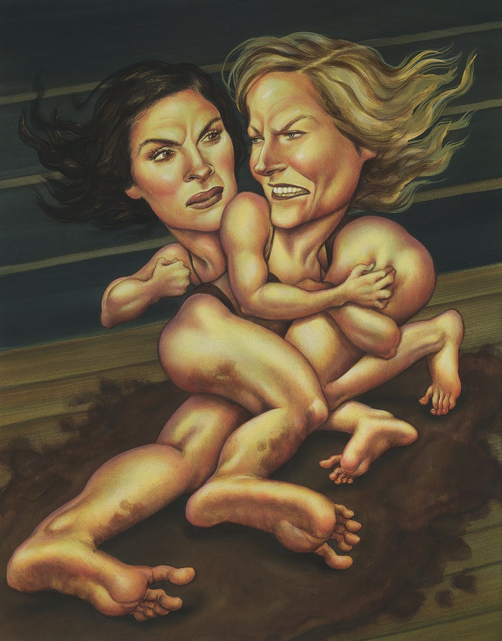 Bitwa Julii i Jodie, 2012 (akryl na płycie ilustracyjnej) autorstwa Anita Kunz