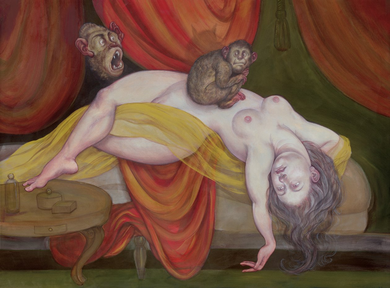 Koszmar z małpą, 2018 (farba akrylowa na płycie ilustracyjnej) autorstwa Anita Kunz