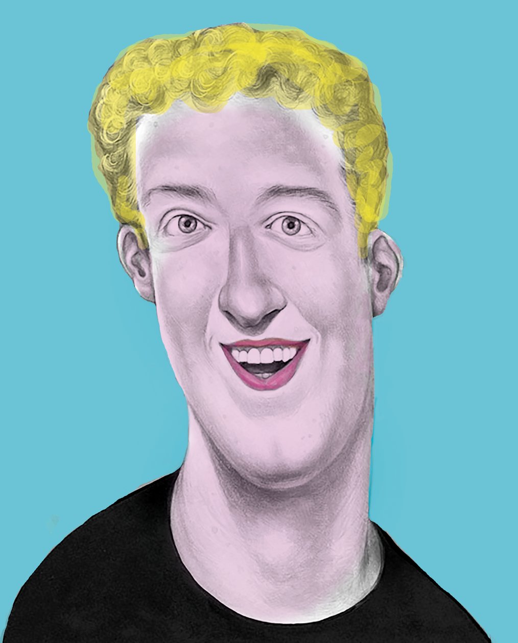 Pop Goes The Zuckerberg, 2019 (farba akrylowa na płycie ilustracyjnej) autorstwa Anita Kunz