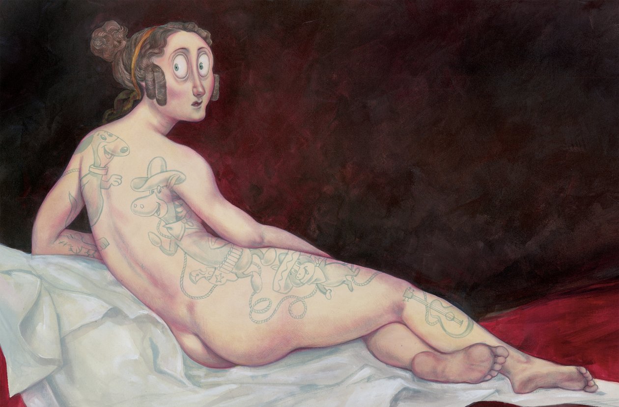 Leżący akt z tuszem, 2018 (farba akrylowa na płycie ilustracyjnej) autorstwa Anita Kunz