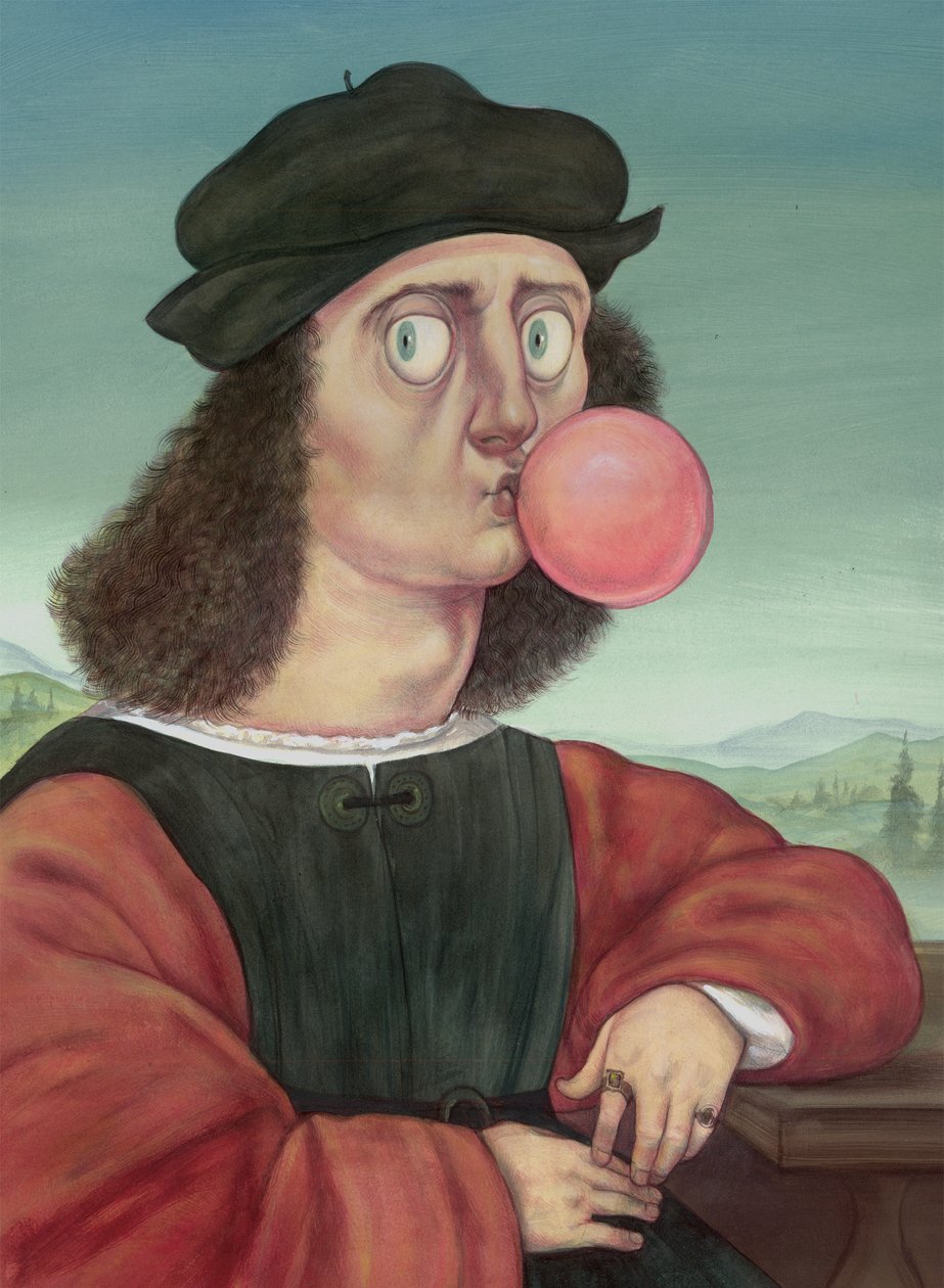 Niegrzeczny mężczyzna z gumą balonową, 2018 (farba akrylowa na płycie ilustracyjnej) autorstwa Anita Kunz