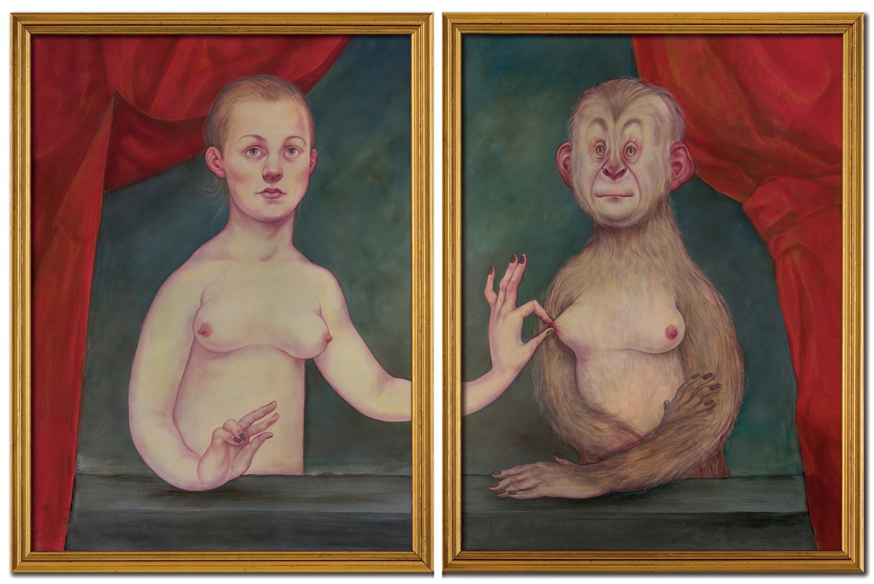 Simia i jedna z jej sióstr, 2018 (farba akrylowa na płycie ilustracyjnej) autorstwa Anita Kunz
