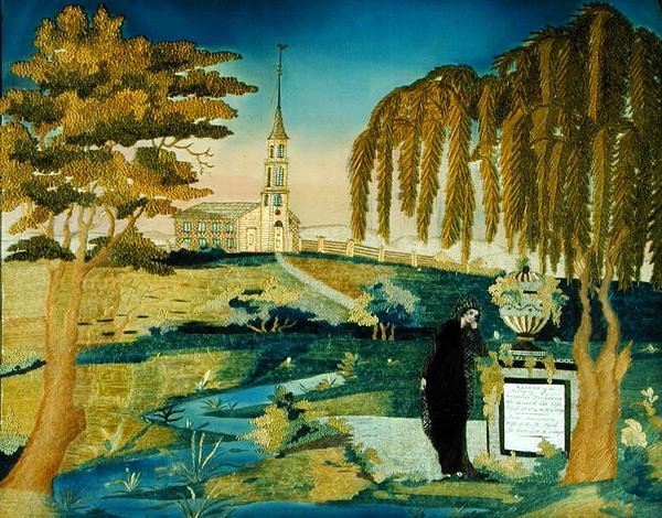 Kobieta stojąca pod pomnikiem męża artysty, ok. 1800-20 (jedwab) autorstwa Ann D. Beckman