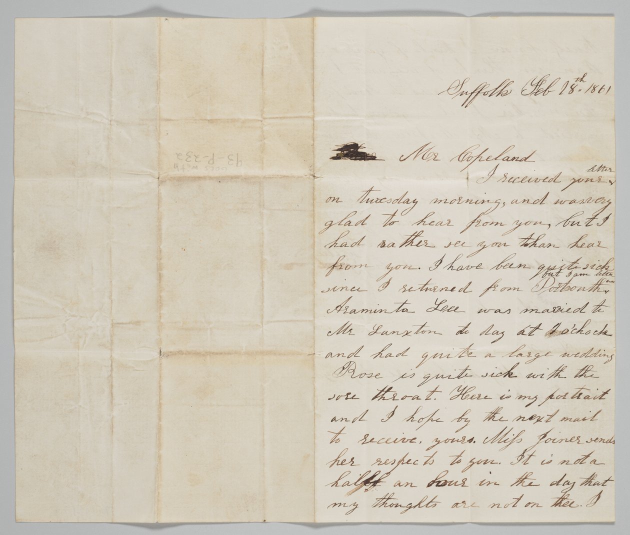 List do Johna Copelanda od jego żony Ann, 18 lutego 1861. autorstwa Ann Hurst Copeland