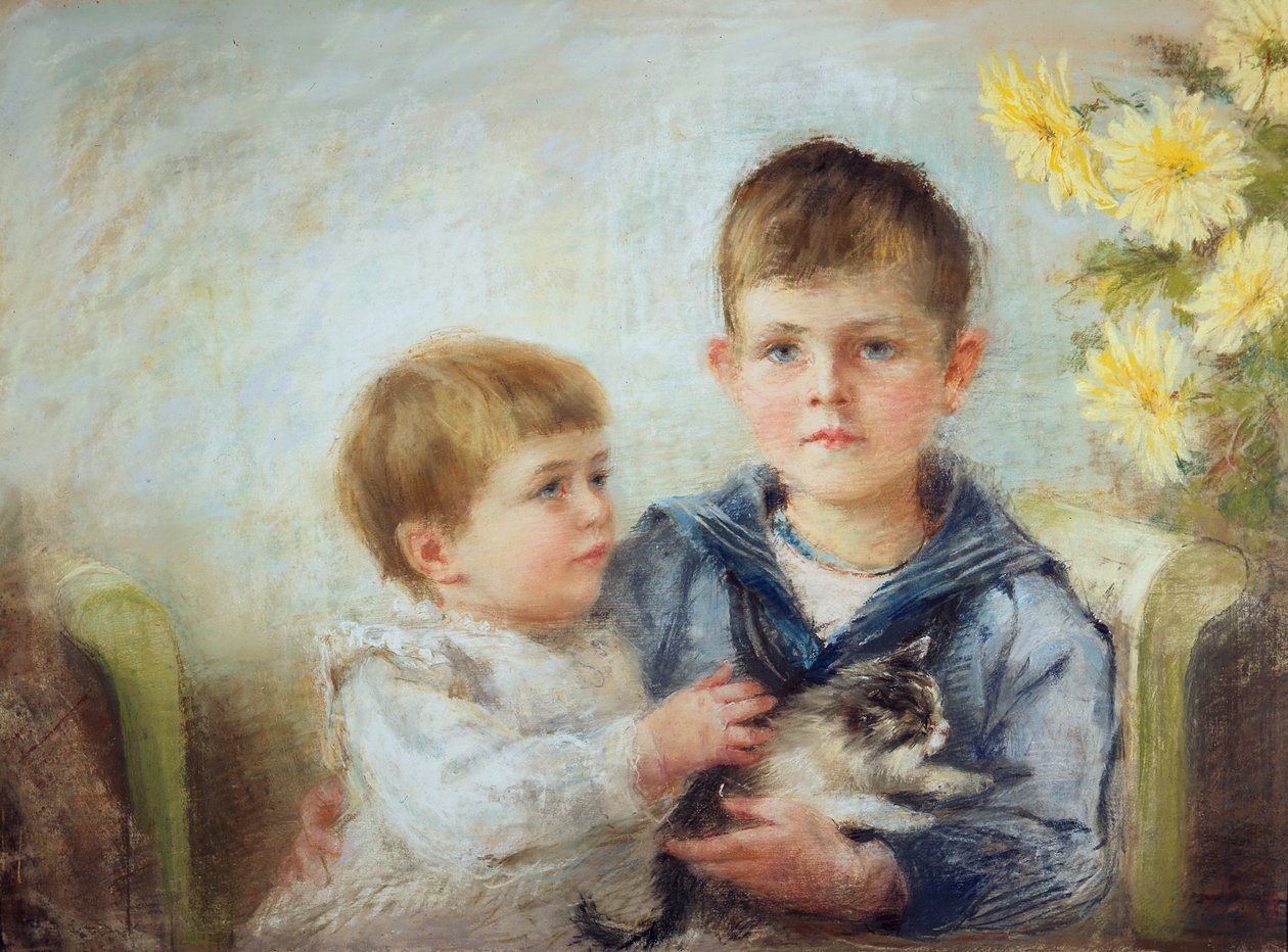 Chłopiec i dziewczynka z kotkiem, 1889 (pastel na papierze) autorstwa Anna Lea Merritt