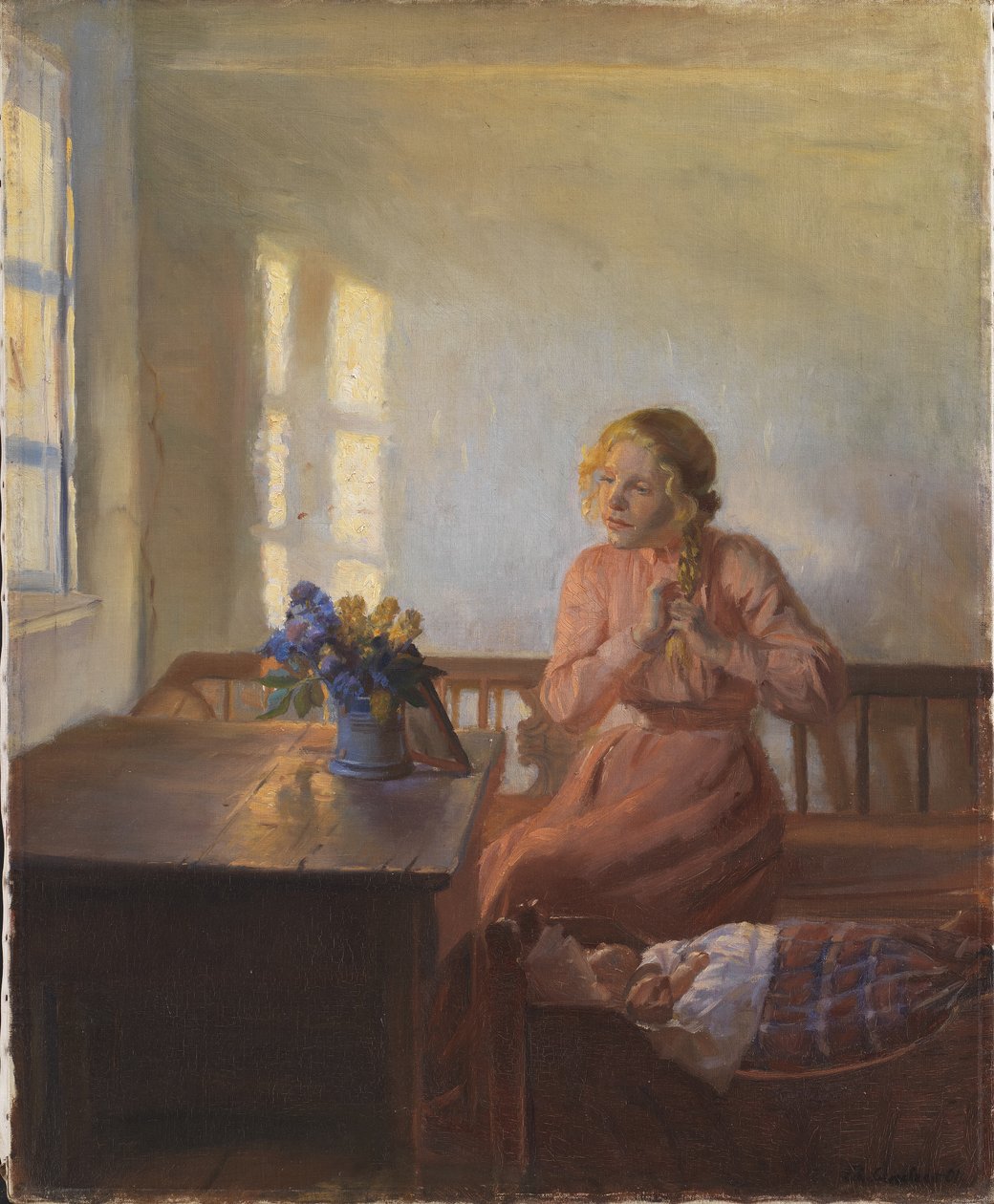 Młoda dziewczyna splatająca włosy autorstwa Anna Ancher