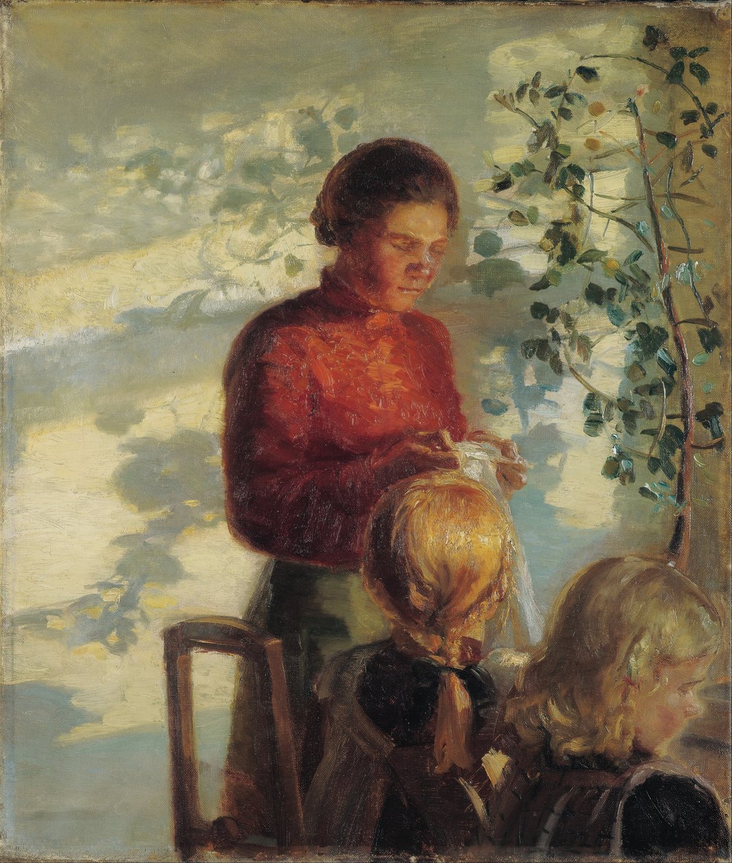 Dwie małe dziewczynki uczą się szyć autorstwa Anna Ancher