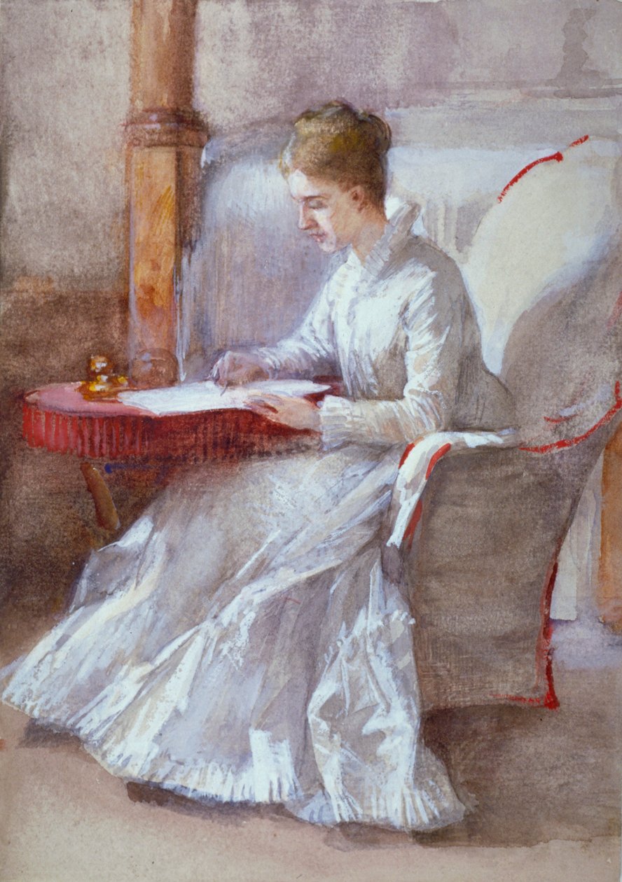 „Kobieta w bieli, pisząca przy biurku”, ok. 1864-1930 r. autorstwa Anna Lea Merritt