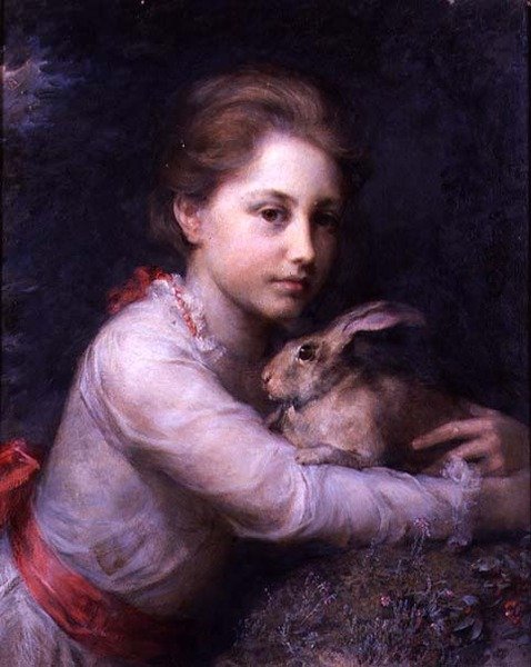 Portret Minny Sophii Farrer trzymającej zająca autorstwa Anna Lea Merritt