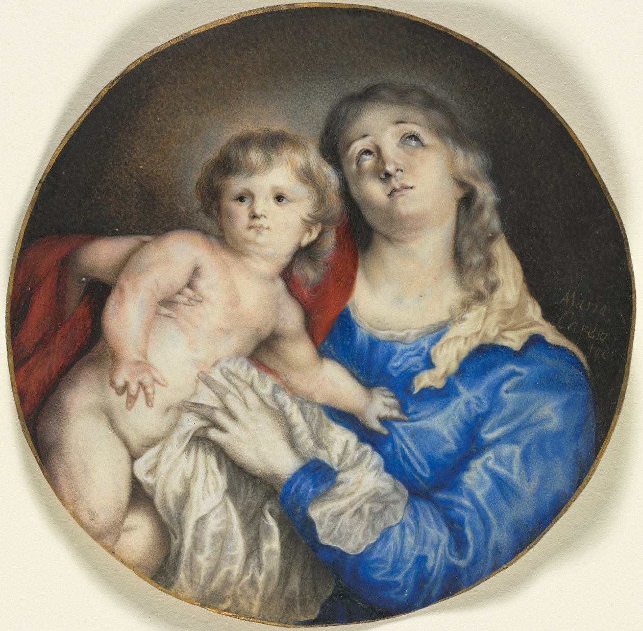 Dziewica z Dzieciątkiem, ok. 1662 (akwarela wzmocniona gumą na welinie, ze złotem) autorstwa Anna Maria Carew