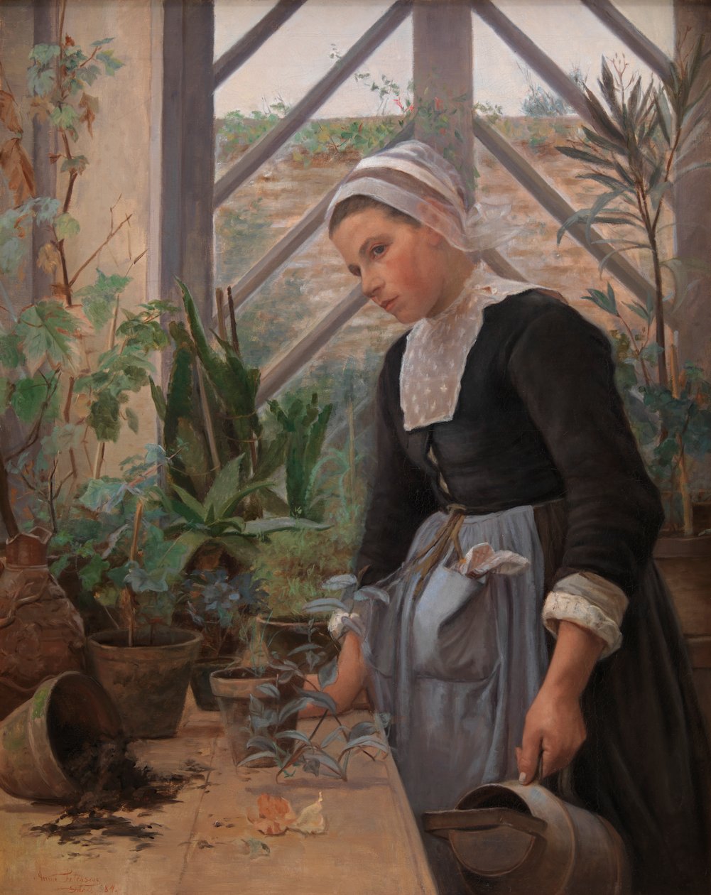 Bretonka opiekująca się roślinami w cieplarni, 1884 autorstwa Anna Petersen