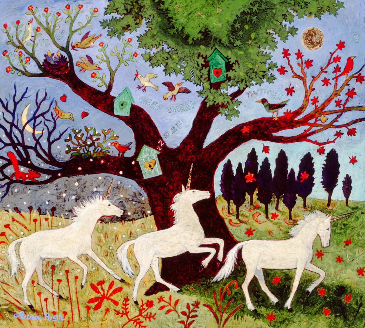 3 jednorożce przy drzewie autorstwa Anna Pugh