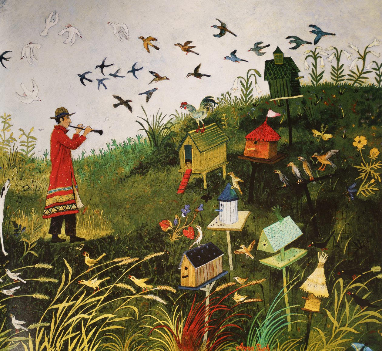Ptak Piper z czarnymi ptakami, 2001 (akryl) autorstwa Anna Pugh