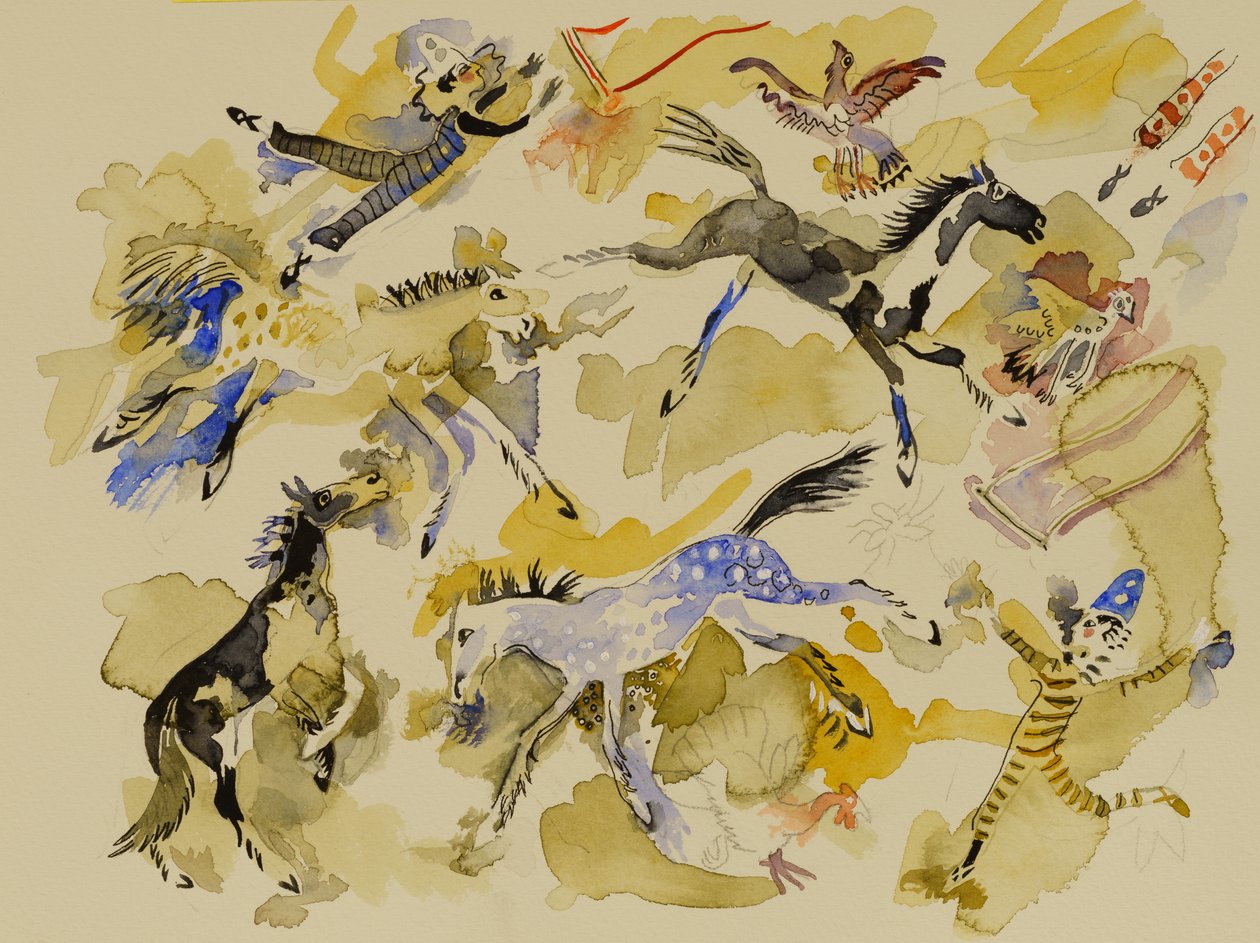 Koń i klauni, 2023 (akwarela) autorstwa Anna Pugh