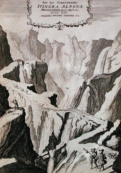 Frontyspis do tomu I „Itinera Alpina” Johanna Jacoba Scheuchzeriego, wydany w 1706 r. (rycina) autorstwa Anna Wasera (after) Tigurina