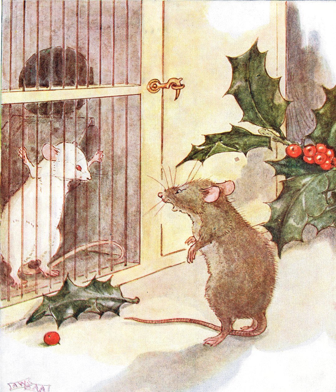 „Widziałem więzienie, a w nim białego ducha myszy”, ilustracja z „Księgi psotnej myszy”, wydanej przez Thomasa Nelsona und Sonsa, lata 20. XX wieku autorstwa Anne Anderson