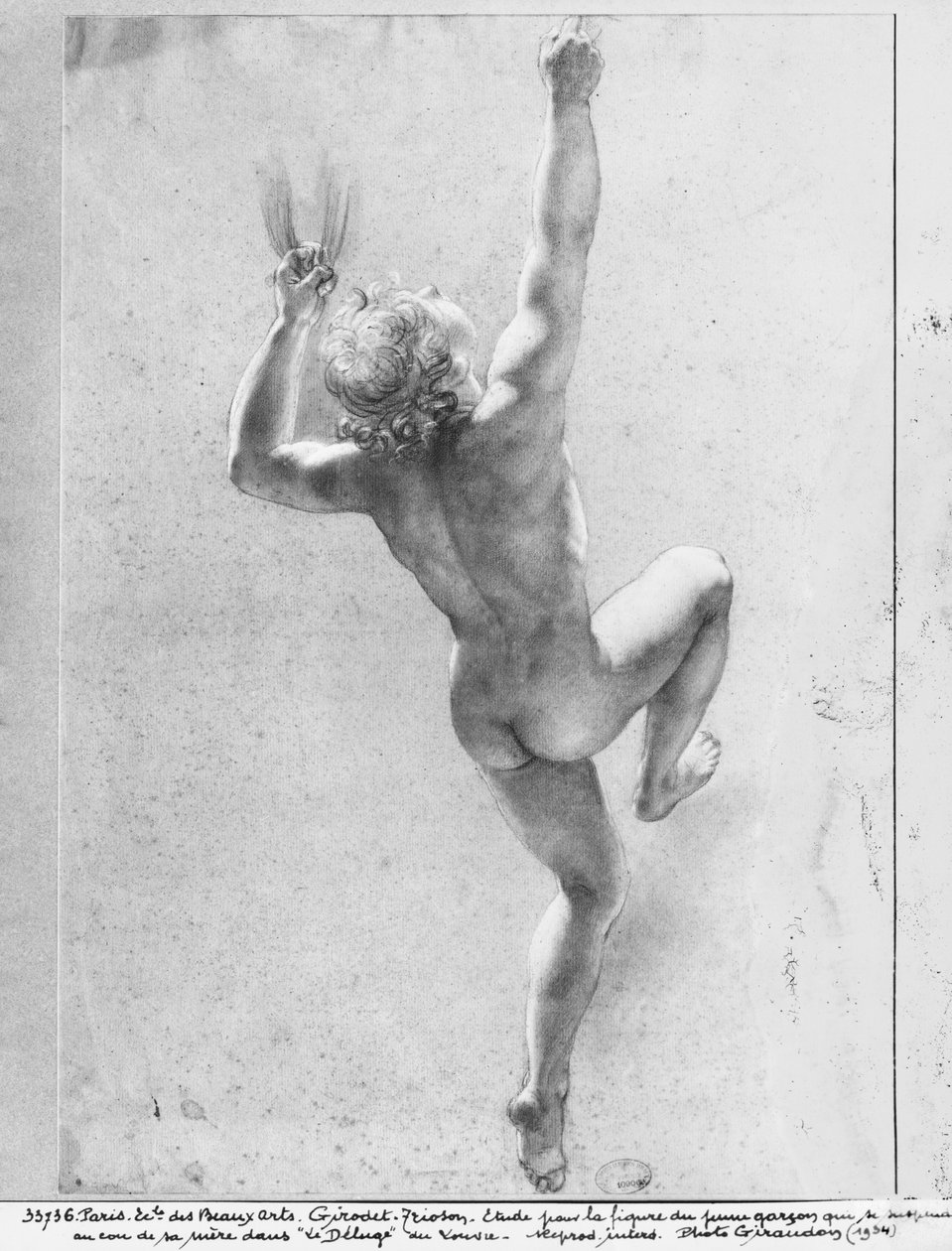 Scena powodzi, studium nagiego chłopca (czarny ołówek i kreda na szarym papierze) autorstwa Anne Louis Girodet de Roucy Trioson