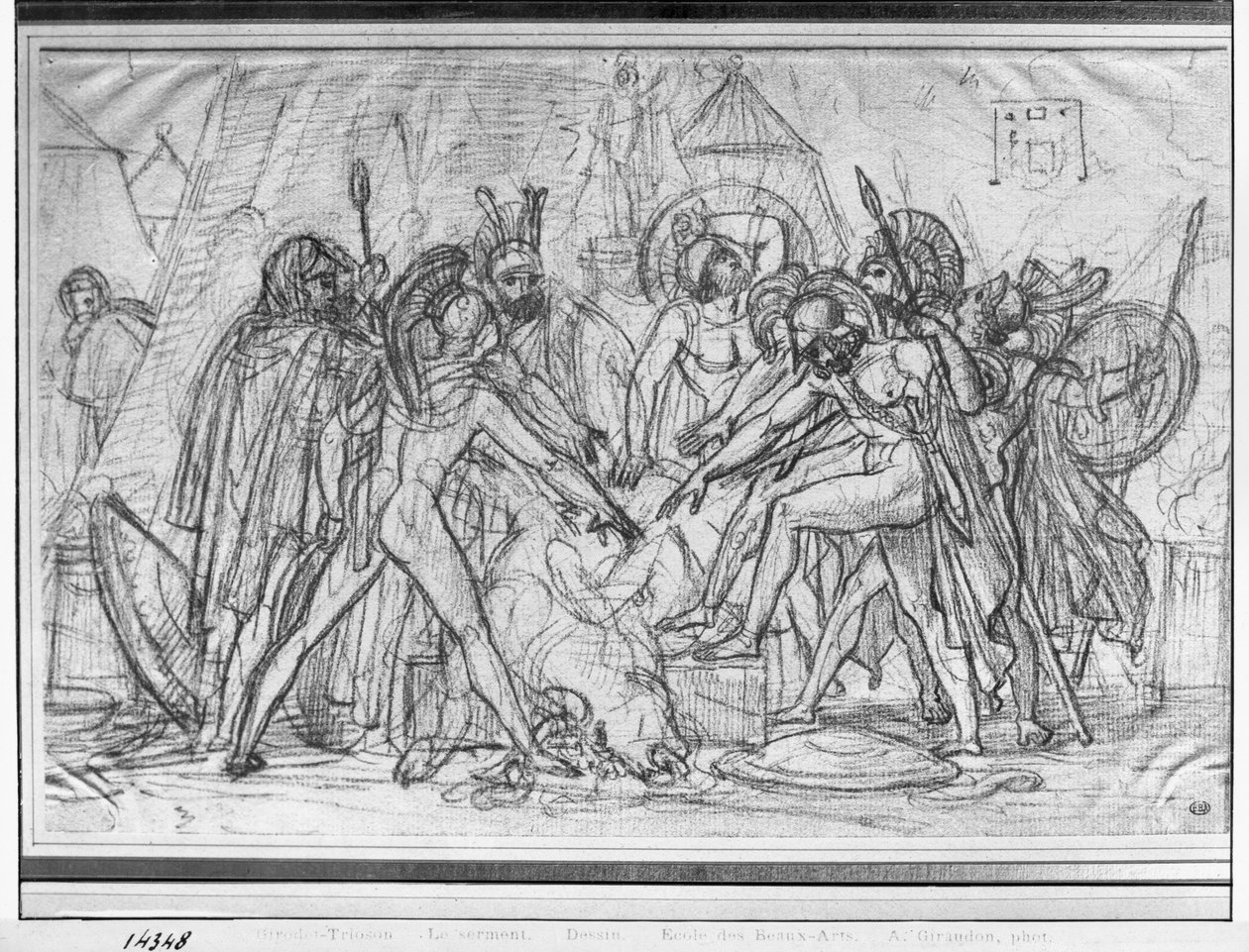 Siedmiu wodzów składa przysięgę przed Tebami (grafitowy ołówek na papierze) autorstwa Anne Louis Girodet de Roucy Trioson