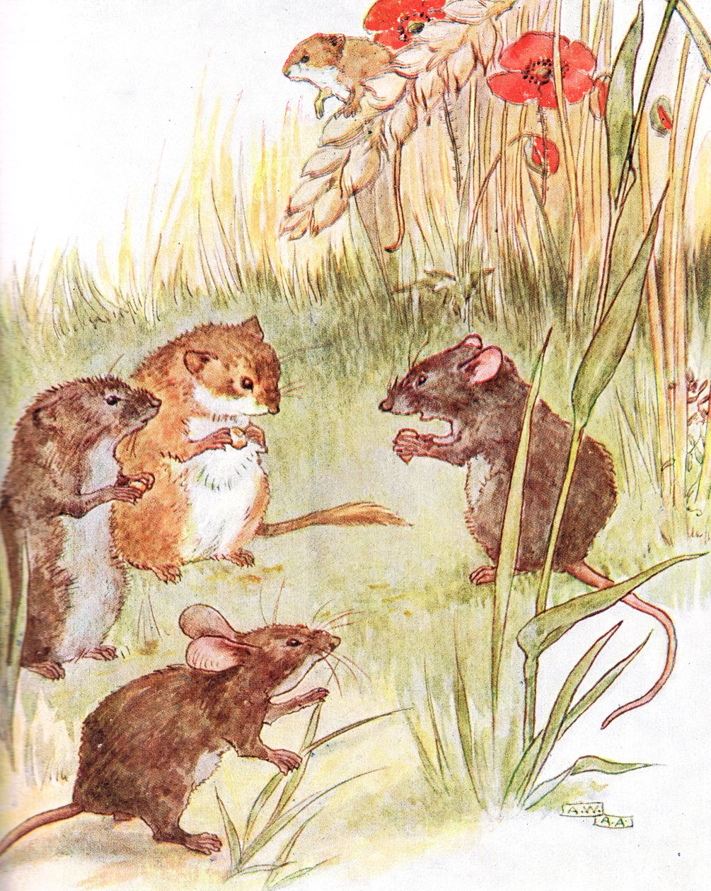 Zatrzymuję się u przyjaciół na wsi", ilustracja z "The Mischievious Mousie Book", wydanej przez Thomas Nelson und Sons, lata 20. autorstwa Anne Anderson