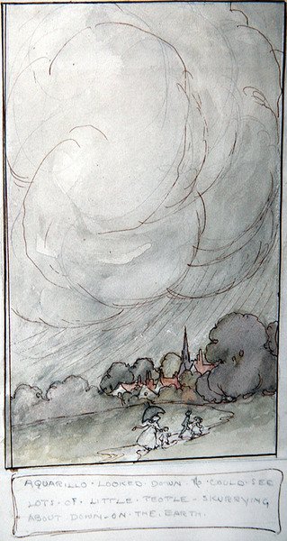 Aquarillo spojrzał w dół i zobaczył mnóstwo małych ludzi, którzy szlajają się po ziemi" (akwarela i tusz na papierze) autorstwa Anne Anderson