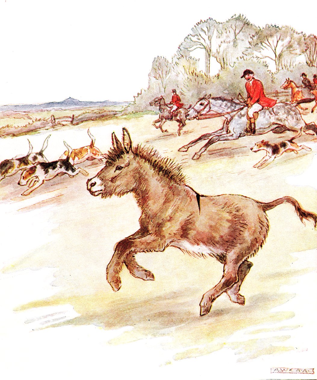 Dziś przeżyłem chwile swojego życia. Mężczyźni w czerwonych płaszczach na koniach i mnóstwo psów galopowało przez moje pole", ilustracja z "The Naughty Neddy Book", wydanej przez Thomas Nelson und Sons, lata 20. autorstwa Anne Anderson