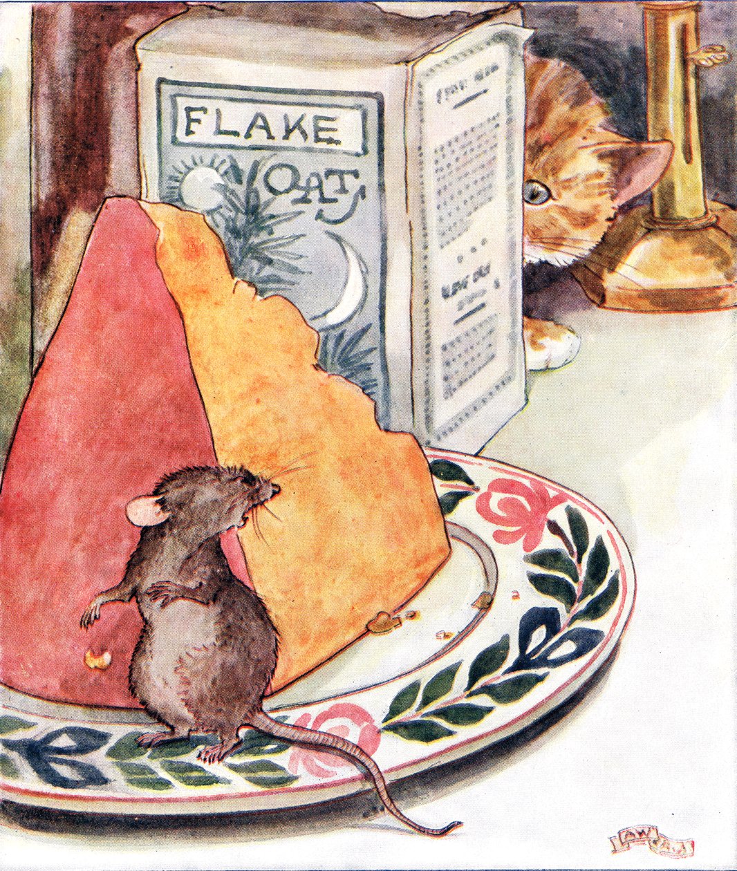 „Jedzenie kolacji – premiera Stilton”, ilustracja z „Księgi psotnej myszy”, wydanej przez Thomasa Nelsona und Sonsa, lata 20. XX wieku autorstwa Anne Anderson