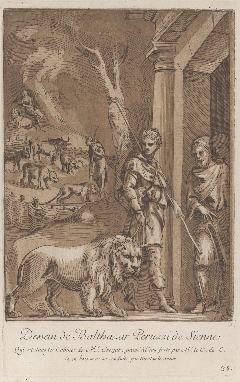 Na pierwszym planie pasterz trzymający lwa na smyczy, na środku s..., ca. 1729-64 autorstwa Anne Claude Philippe de