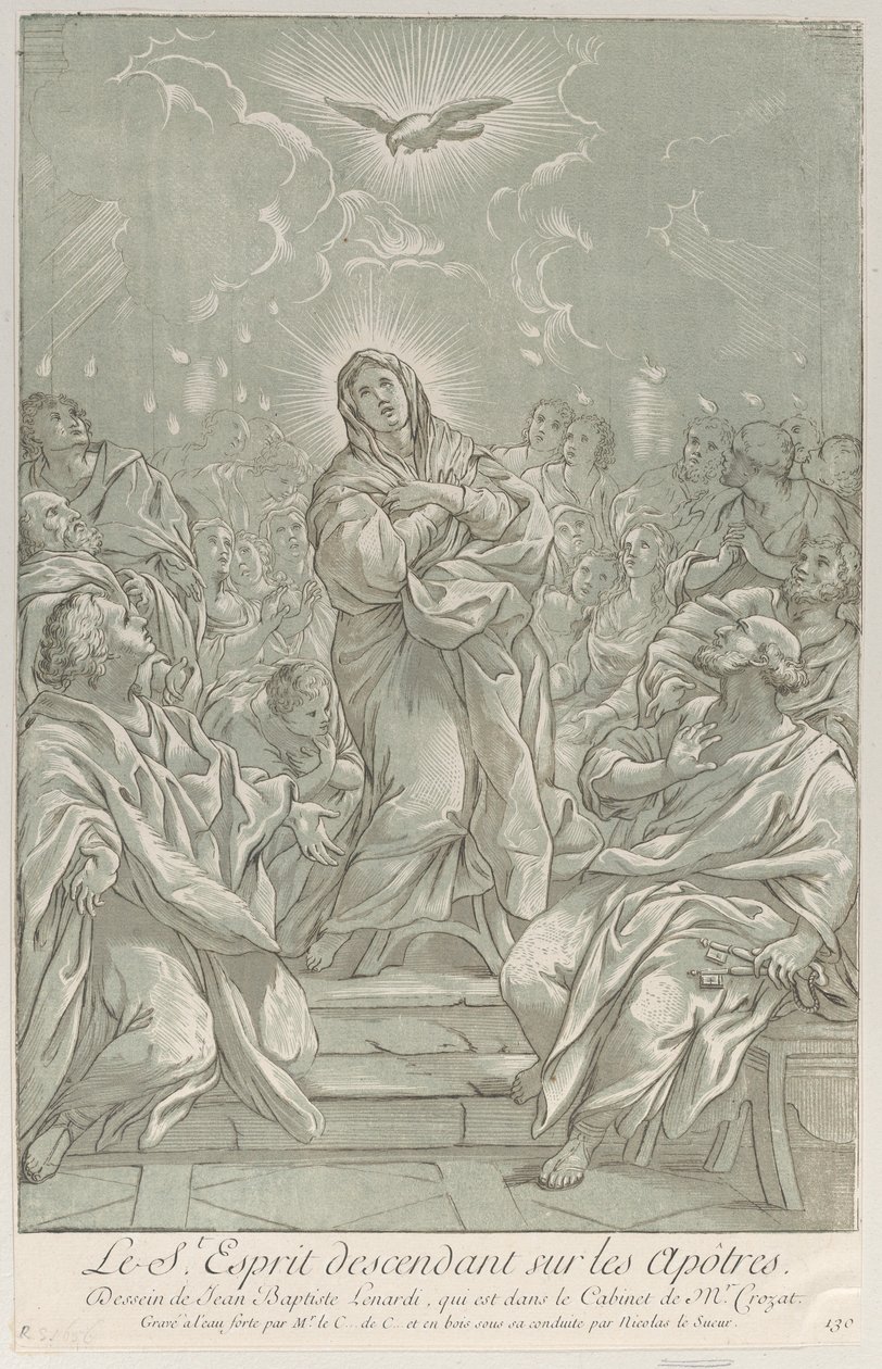 Pięćdziesiątnica, z Dziewicą stojącą w centrum, Duchem Świętym na górze i Apostołami..., ca. 1729. autorstwa Anne Claude Philippe de Caylus
