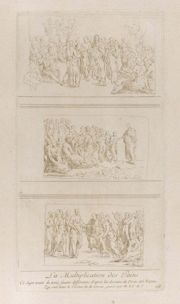 Trzy odrębne studia dotyczące cudów bochenków, ukazujące Chrystusa stojącego w d..., ok. godz. 1729-40. autorstwa Anne Claude Philippe de Caylus