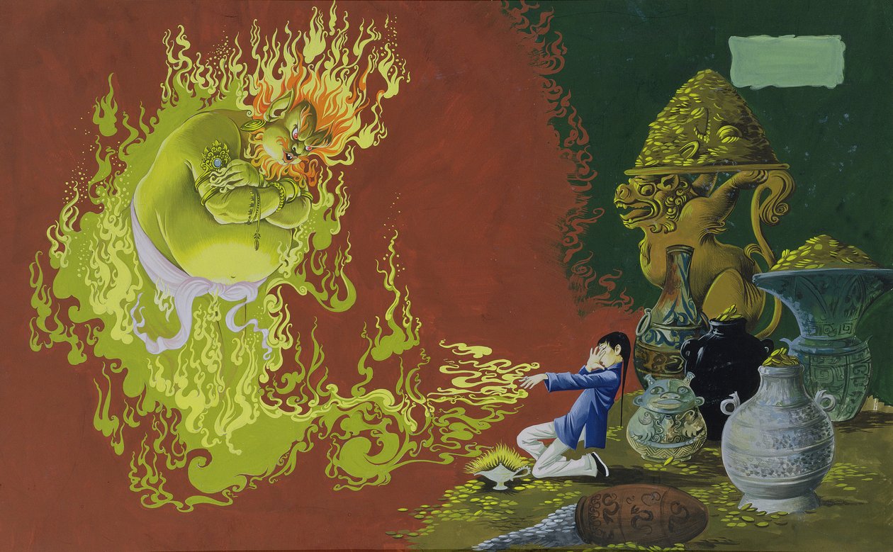 Aladyn, ilustracja ze Złotego Medalu Dziekana Book of Fairy, Tales Number 2 wyd. Dean & Sons Ltd., 1965 (gwasz na papierze barwionym) autorstwa Anne Grahame Johnstone