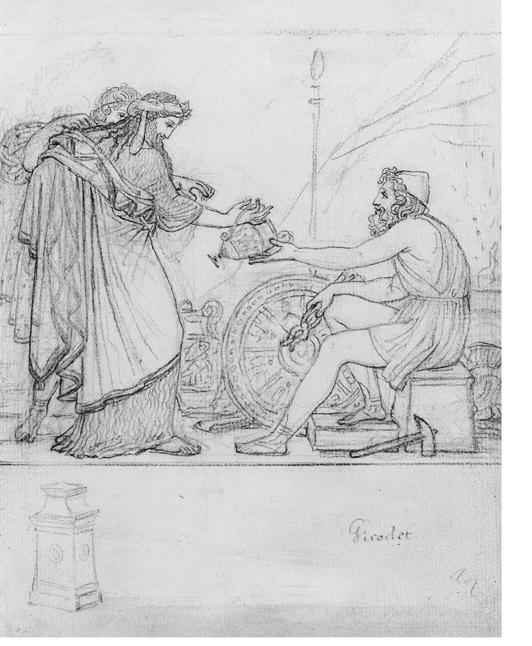Anakreon otrzymujący srebrną wazę z dwóch stojących postaci, ze studium steli: Ilustracja do Ody XVII Anakreona z napisem „Girodet” (czarna kreda na papierze) autorstwa Anne Louis Girodet de Roucy Trioson